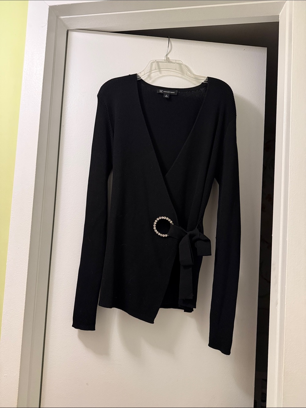 INC International Concepts Black Wrap Top with Rhinestone Buckle